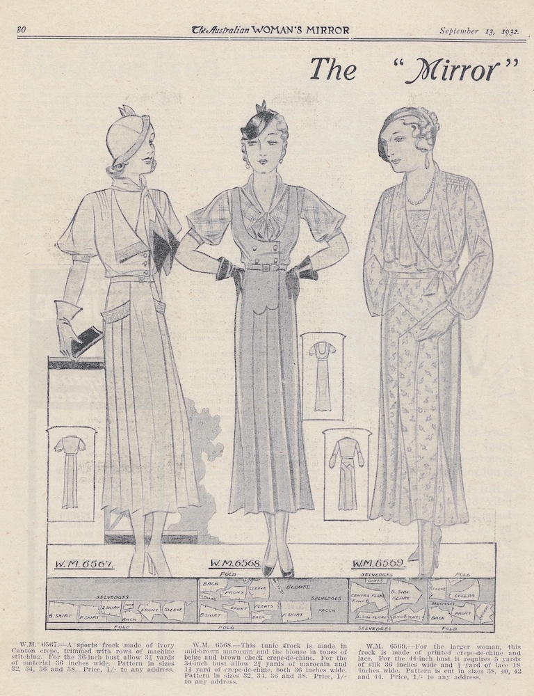 three vintage fashion dresses from 1932