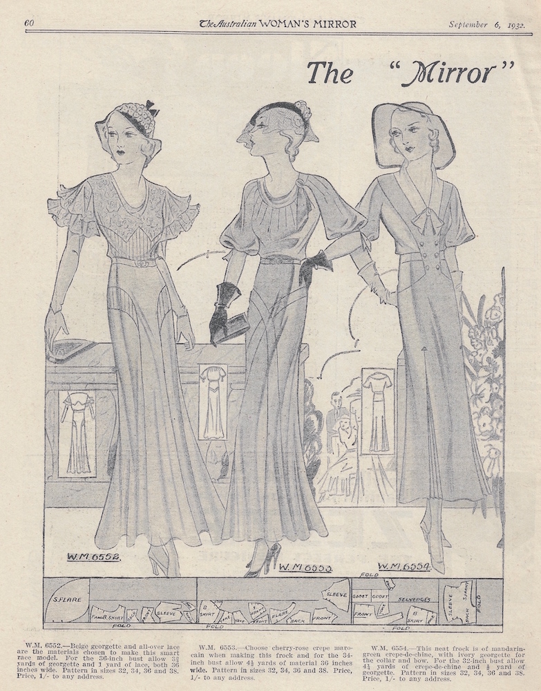 Vintage fashion magazine page with dresses from 1932