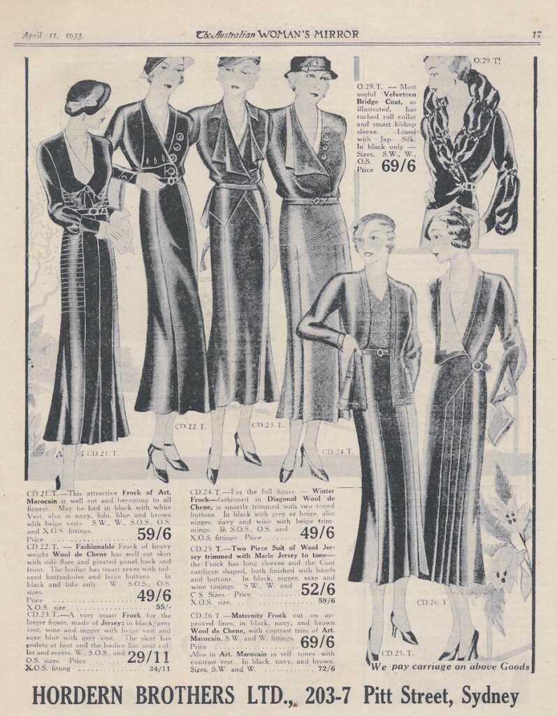 fashion advertisement of women's clothing from 1933 