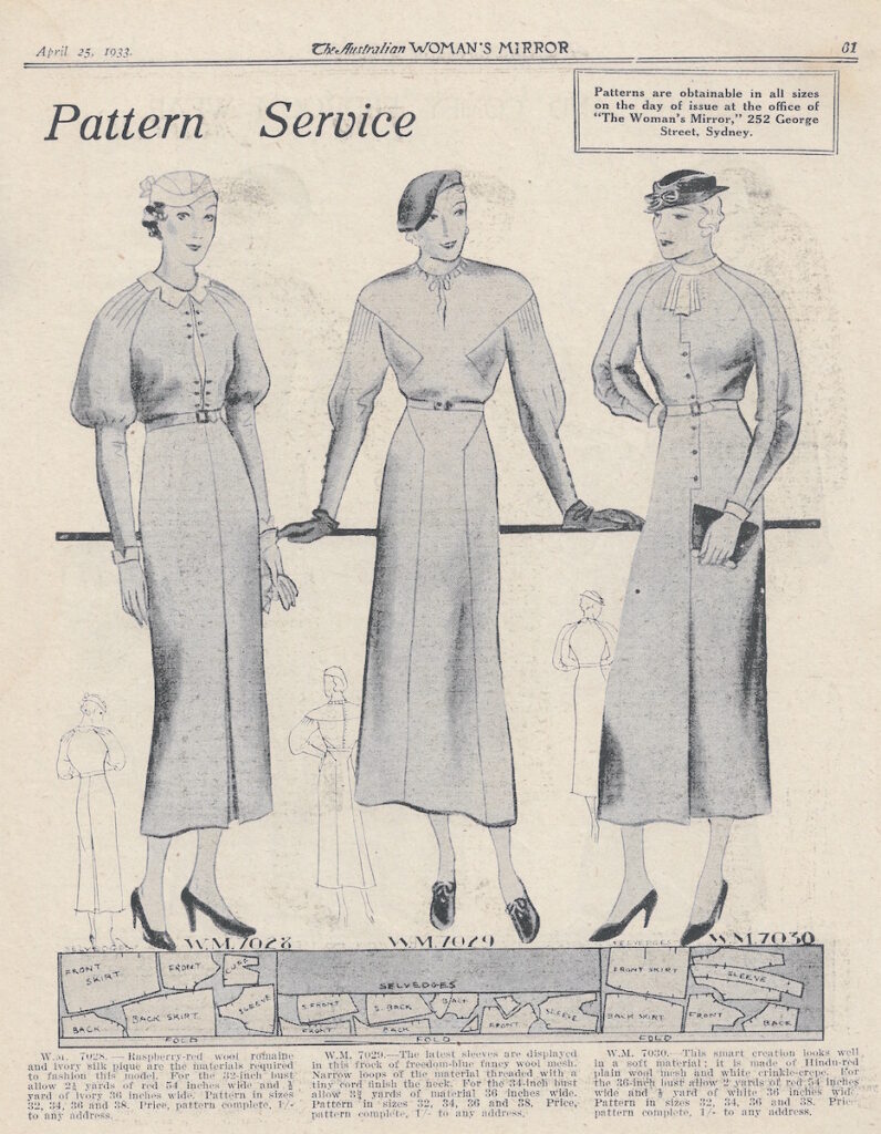 three women's dresses from autumn 1933