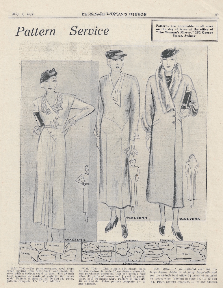 women's coat and two dress with asymmetrical necklines 1933