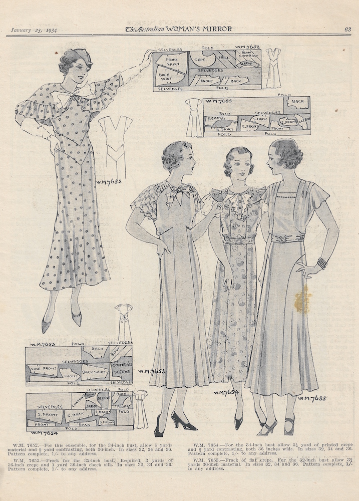 four dresses with frills and cap sleeves from 1934