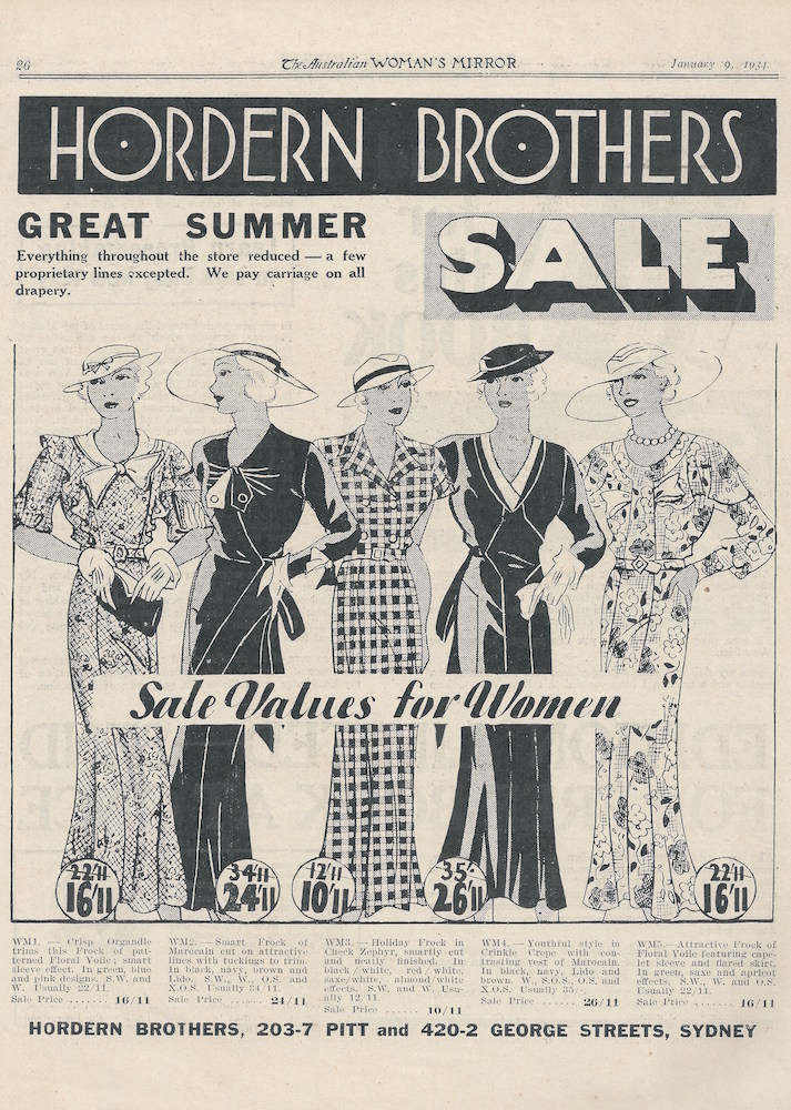 hordern brothers fashion advert for summer dresses from 1934