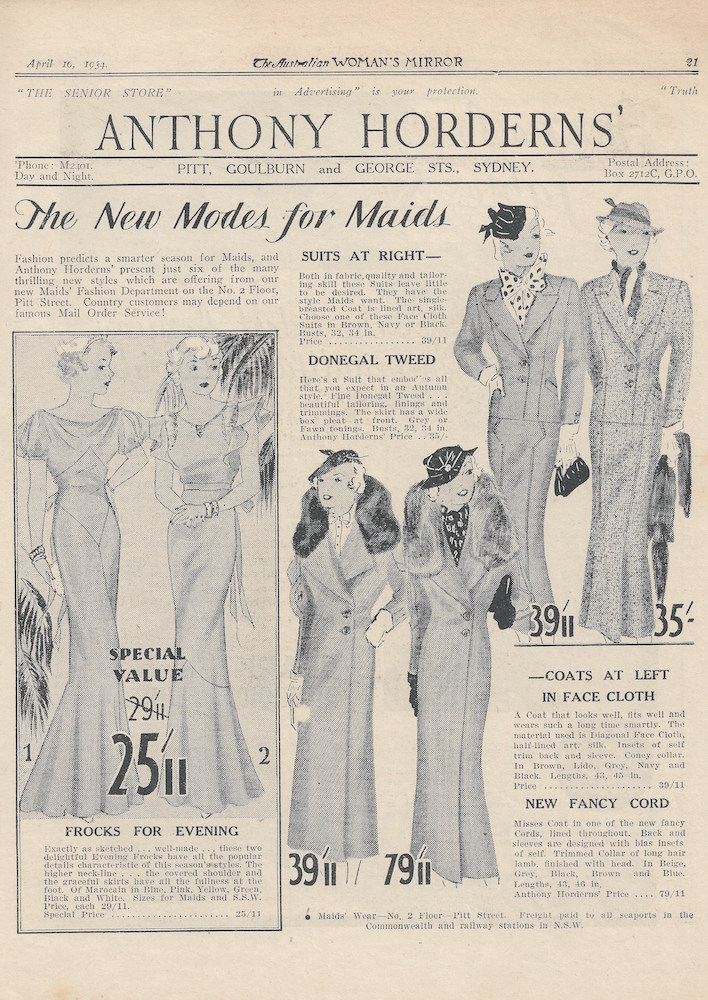 fashion advert for autumn wear from hordern brothers 1934