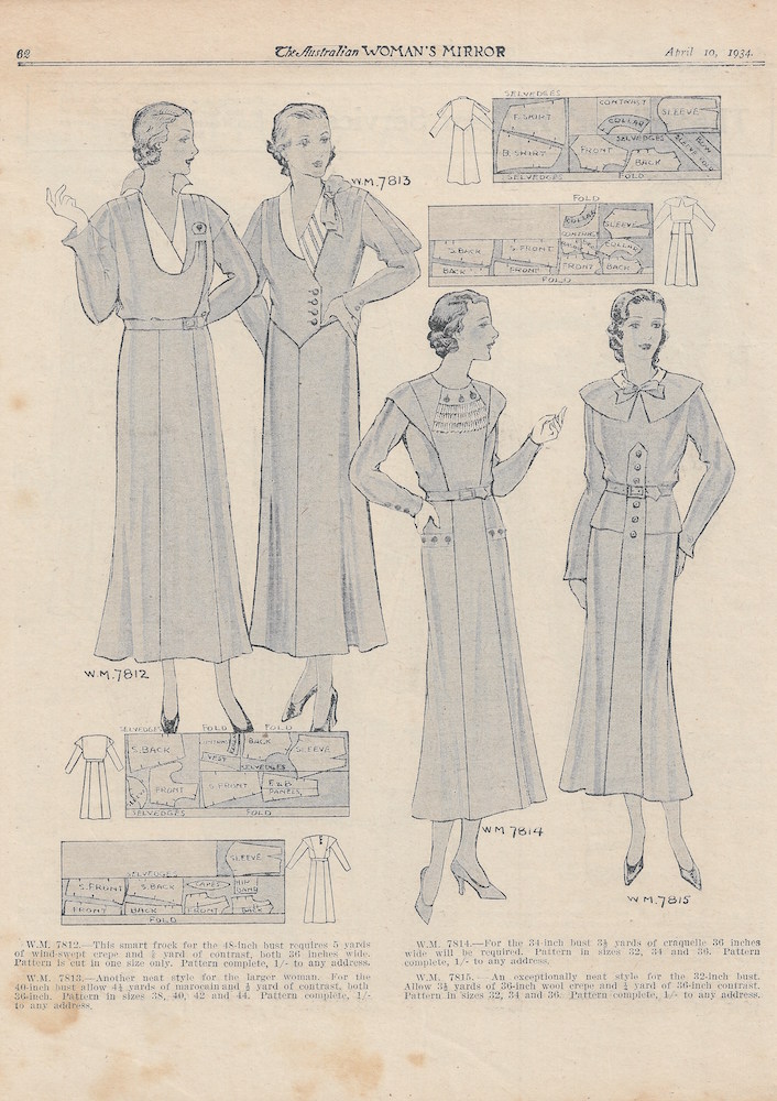 Dresses with neckline features from 1934