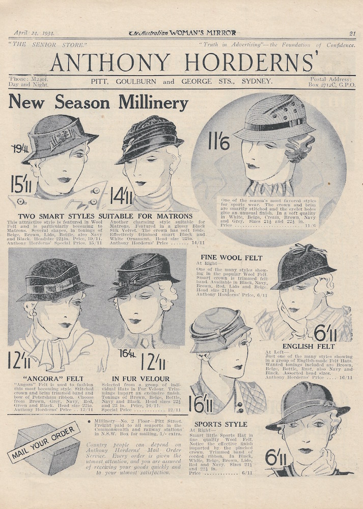 Ladies hats from Hordern Brothers from 1934