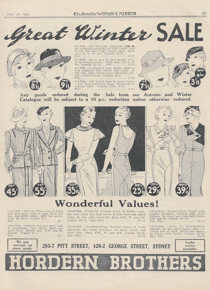 winter wear advert from hordern brothers 1934