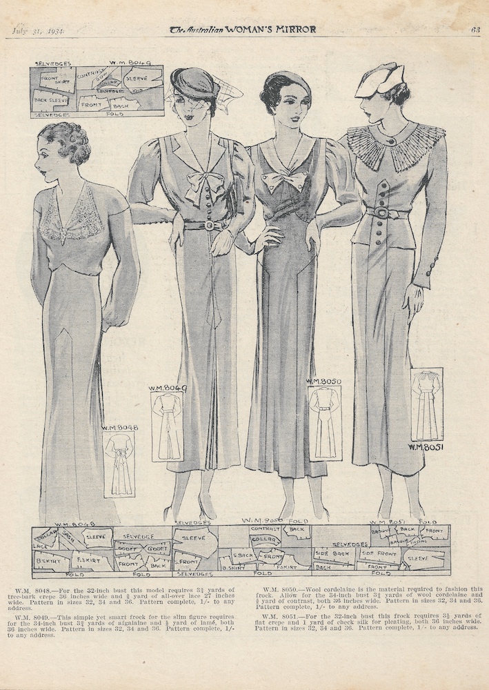 winter dresses with feature necklines from 1934