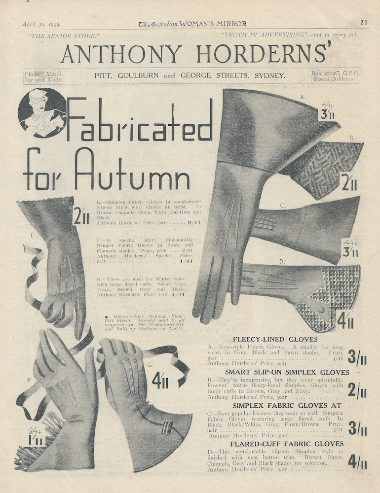 Anthony Hordern's Gloves advert from 1935