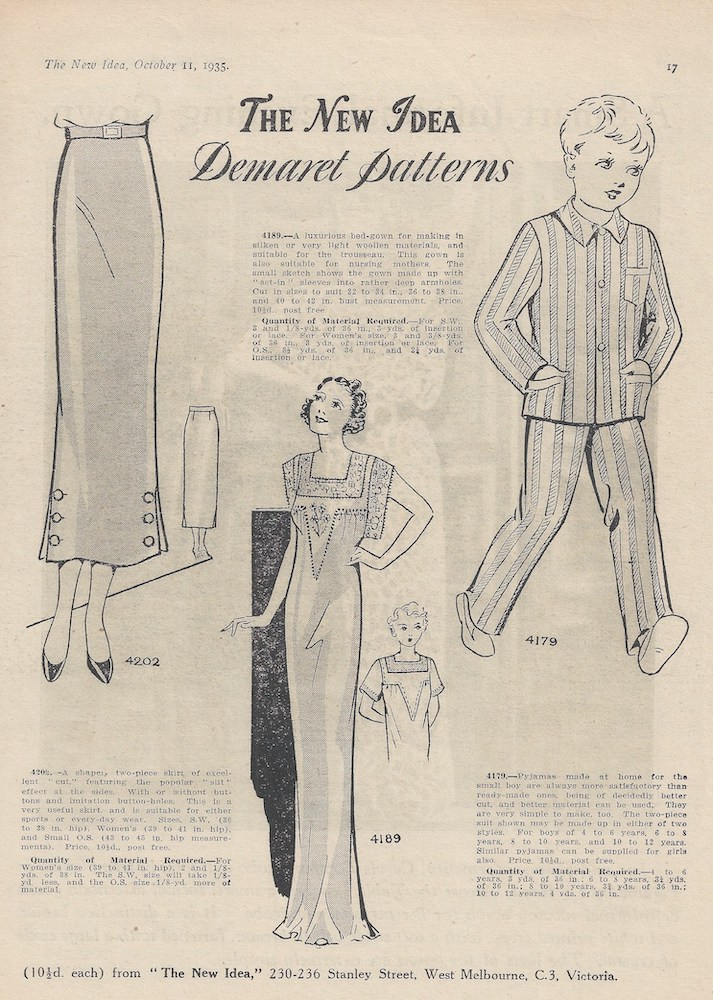 Skirt, bed gown and pyjamas for spring 1935