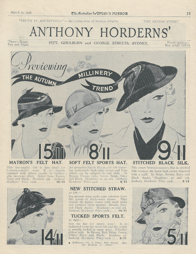 Anthony Hordern's hat advertisement from 1935