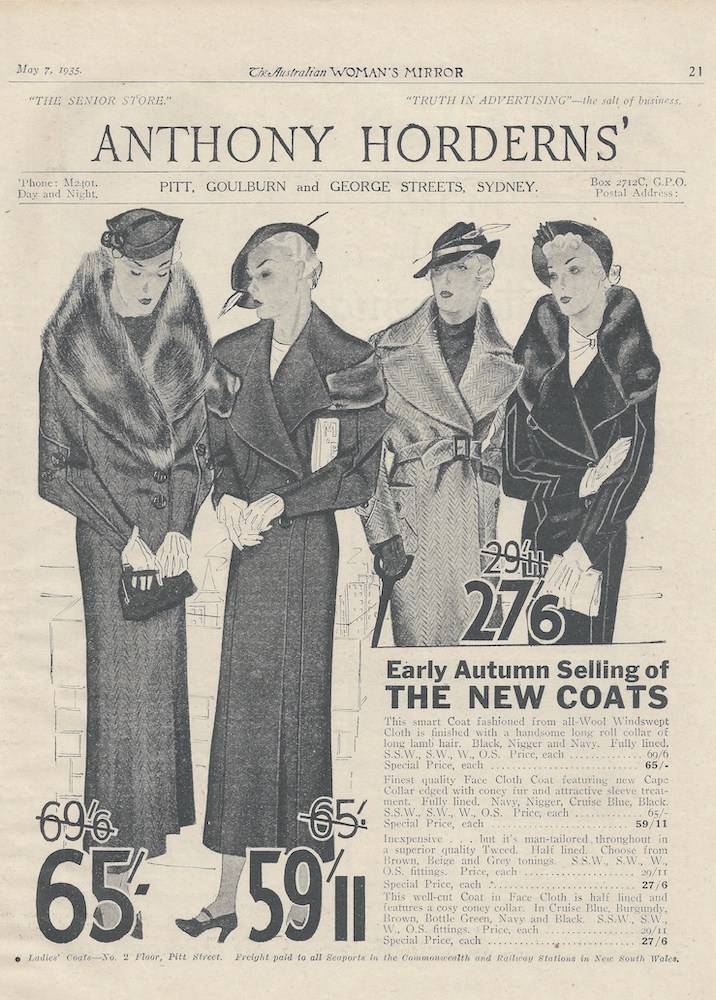 Anthony Hordern's Coats advert from autumn 1935